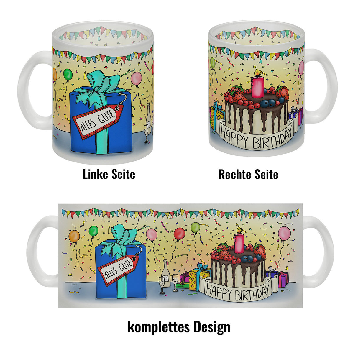 Kaffeebecher mit Geburtstagstorte Motiv und Spruch: Happy Birthday