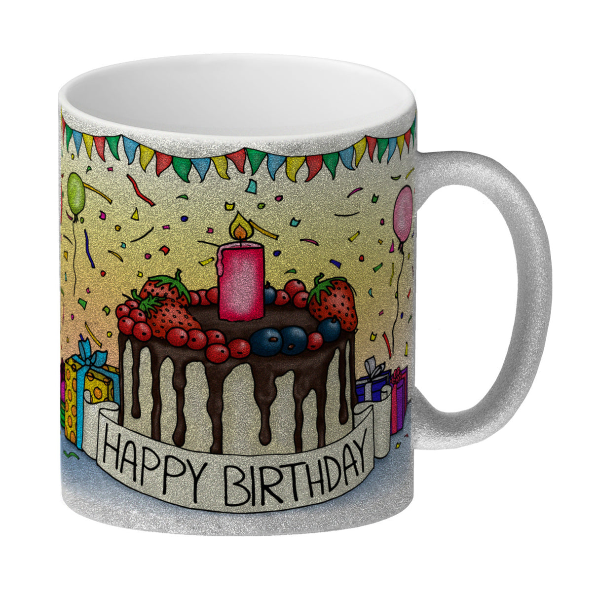 Kaffeebecher mit Geburtstagstorte Motiv und Spruch: Happy Birthday