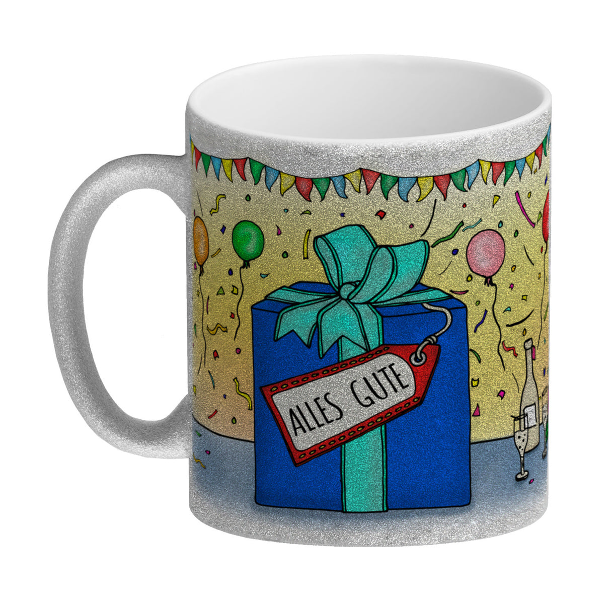 Kaffeebecher mit Geburtstagstorte Motiv und Spruch: Happy Birthday
