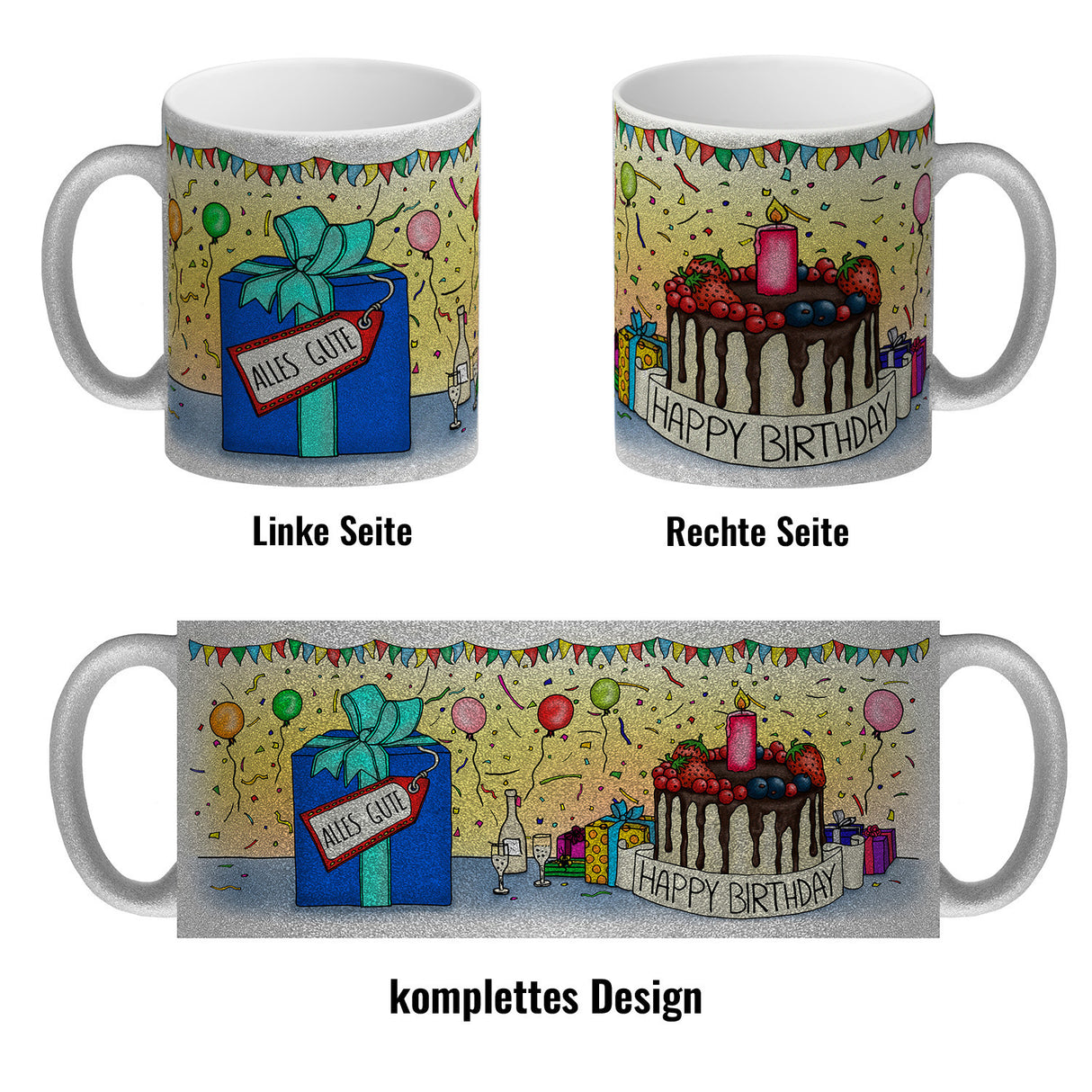 Kaffeebecher mit Geburtstagstorte Motiv und Spruch: Happy Birthday