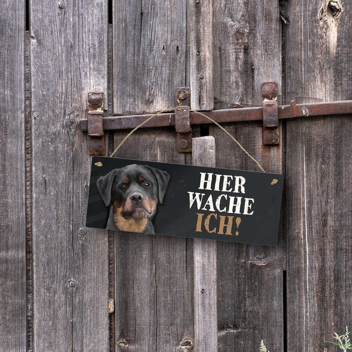 Metallschild mit Rottweiler Motiv und Spruch: Hier wache ich!
