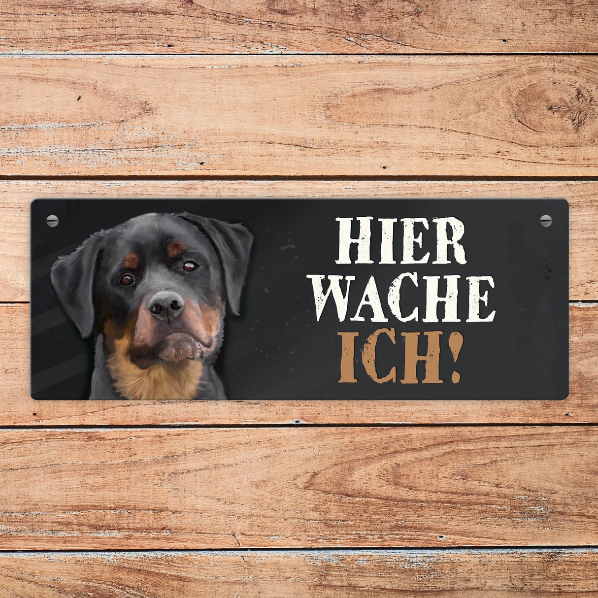 Metallschild mit Rottweiler Motiv und Spruch: Hier wache ich!