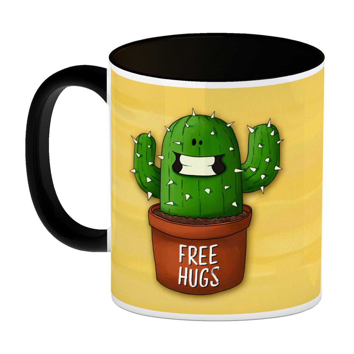 Kaffeebecher mit freundlicher Kaktus Motiv und Spruch: Free Hugs