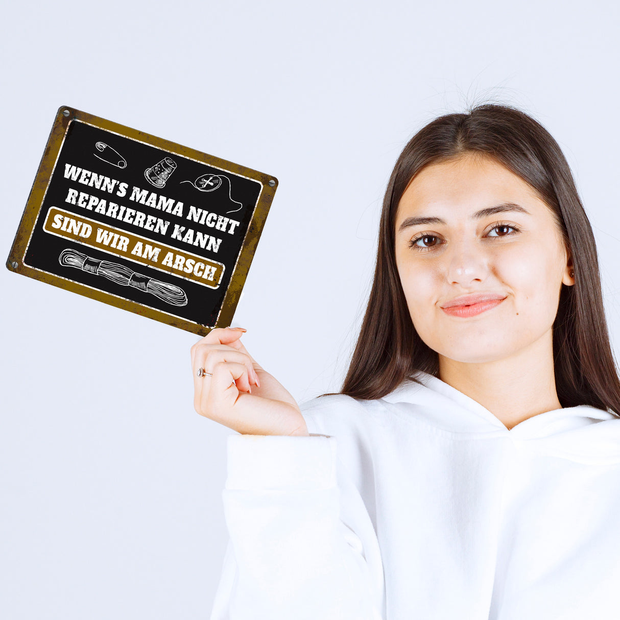 Metallschild mit Spruch: Wenn Mama es nicht reparieren ...