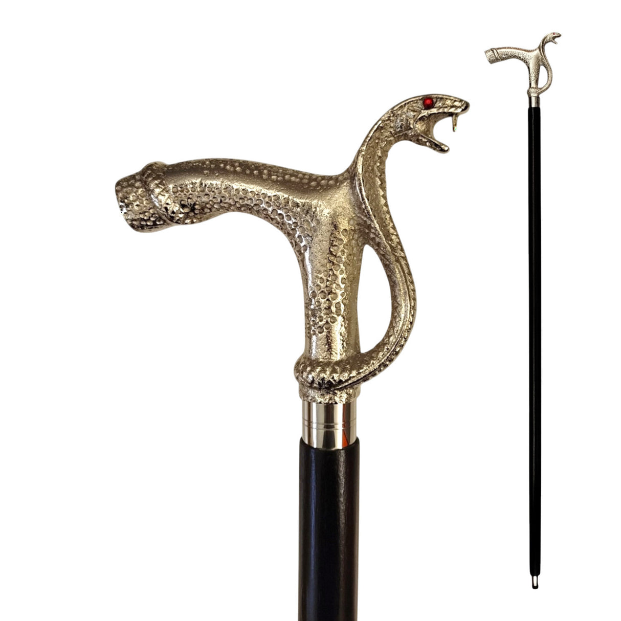 Schlange Spazierstock aus Holz mit silbernem Griff aus Metall