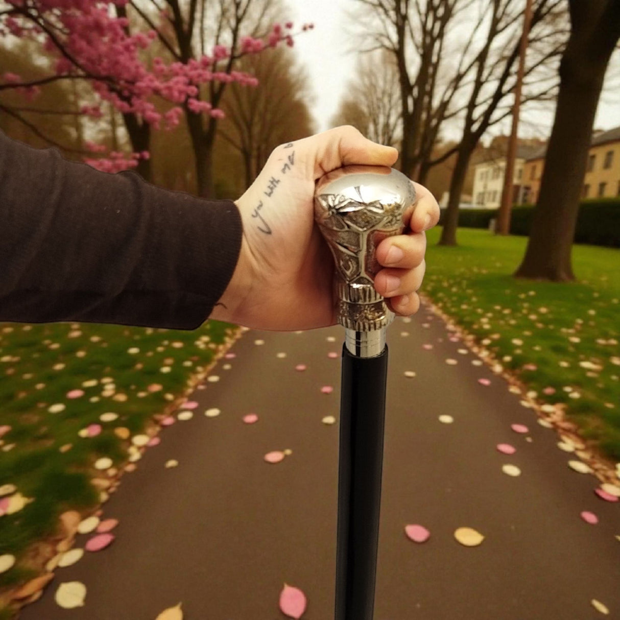 Ornament Spazierstock aus Holz mit silbernem Griff aus Metall