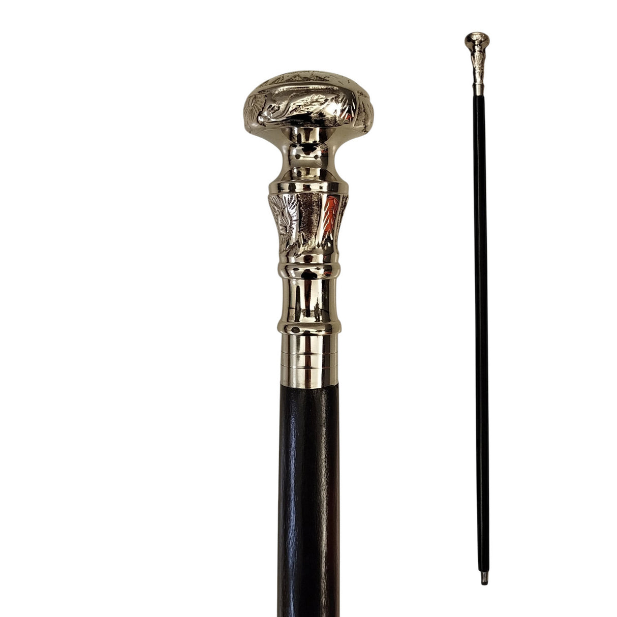 Floraler Spazierstock aus Holz mit silbernem Griff aus Metall