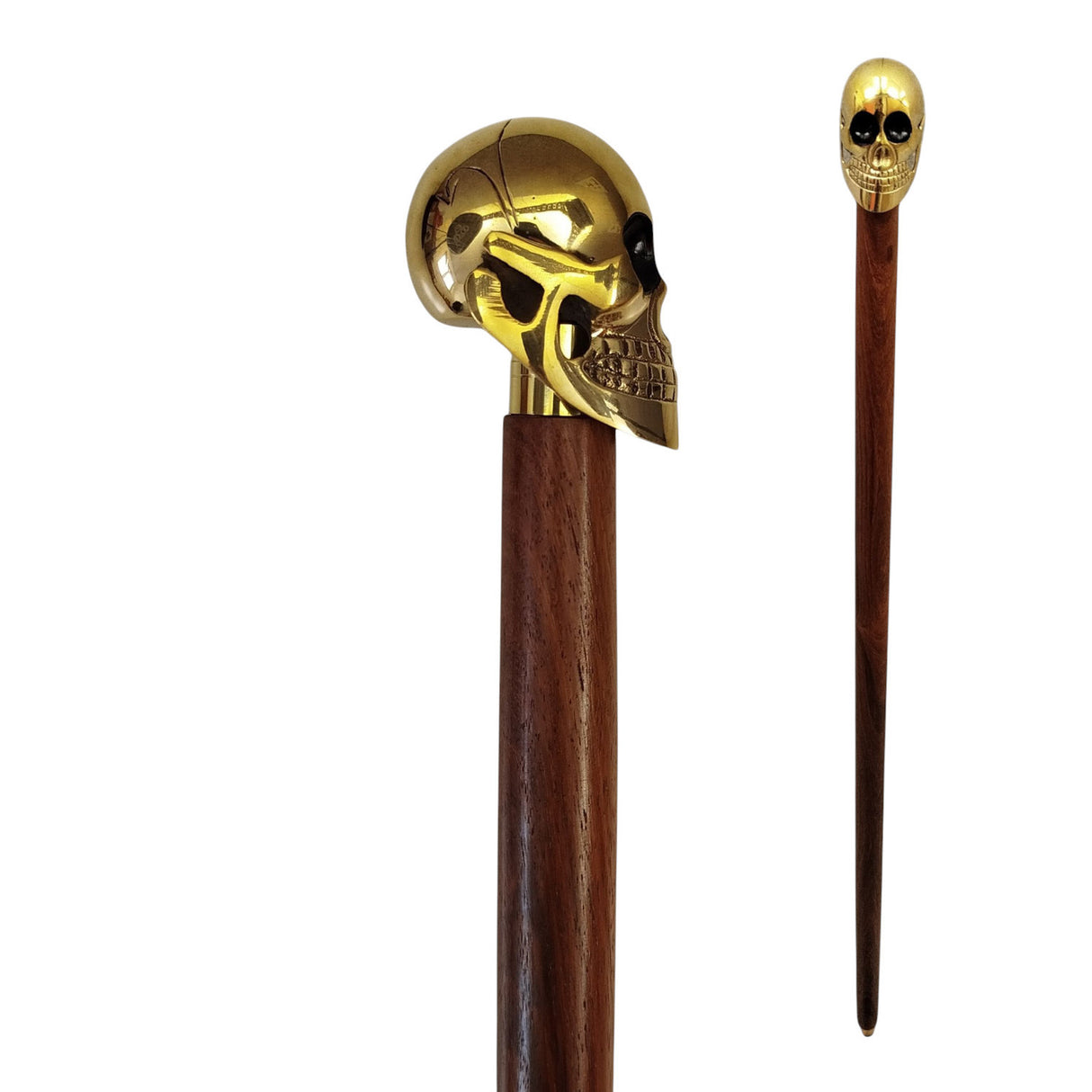 Totenkopf Spazierstock aus Holz mit goldenem Griff aus Metall