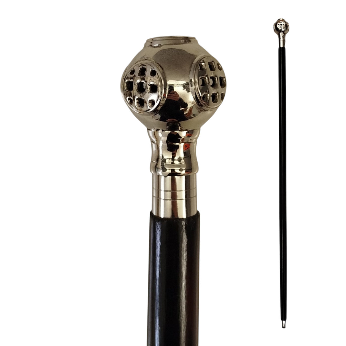 Taucherhelm Spazierstock aus Holz mit silbernem Griff aus Metall