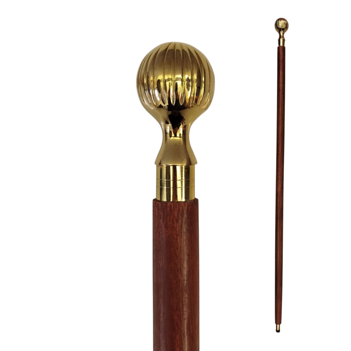Gerillter Kugelknauf Spazierstock aus Holz mit goldenem Griff aus Metall