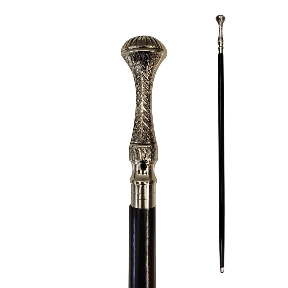 Ornament-Kelch Spazierstock aus Holz mit silbernem Griff aus Metall