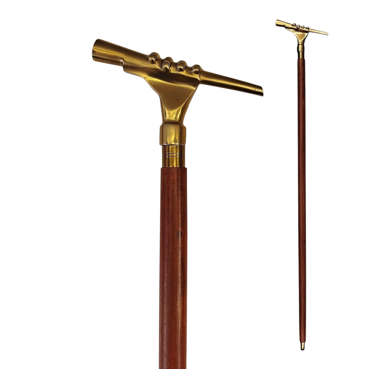 Hand mit Fernrohr Spazierstock aus Holz mit goldenem Griff aus Metall