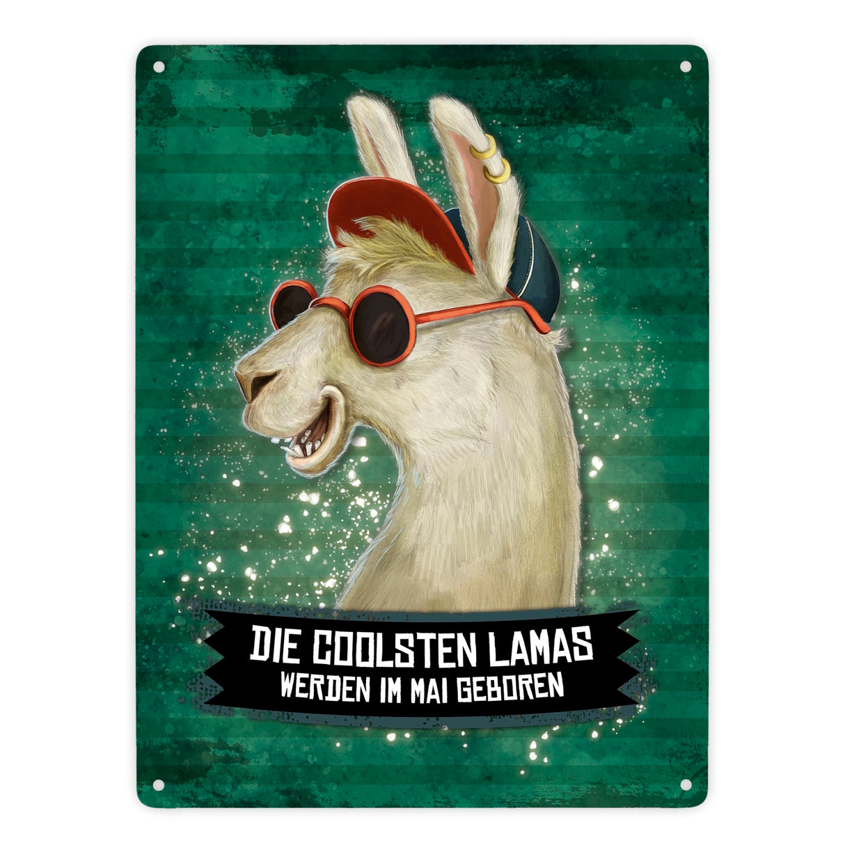Metallschild mit Spruch: Die coolsten Lamas werden im Mai geboren