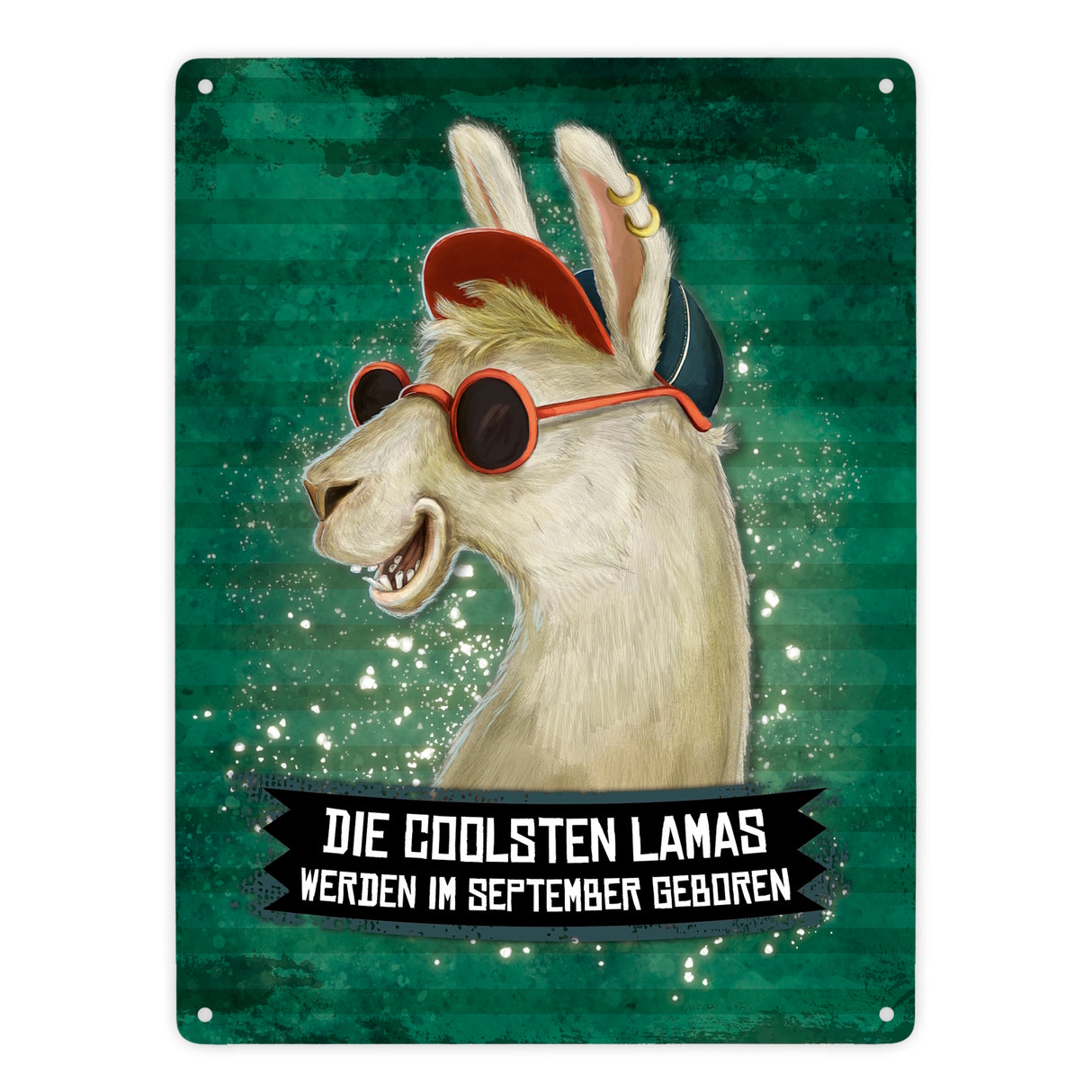 Metallschild mit Spruch: Die coolsten Lamas werden im September geboren