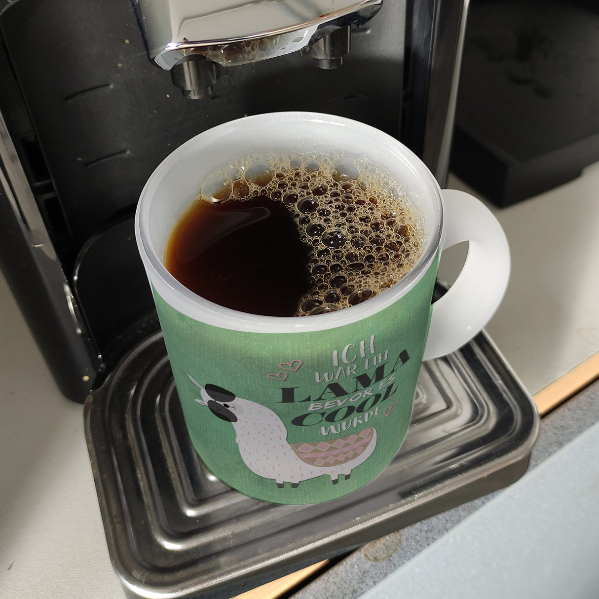 Kaffeebecher mit Spruch: Ich war ein Lama bevor es ...