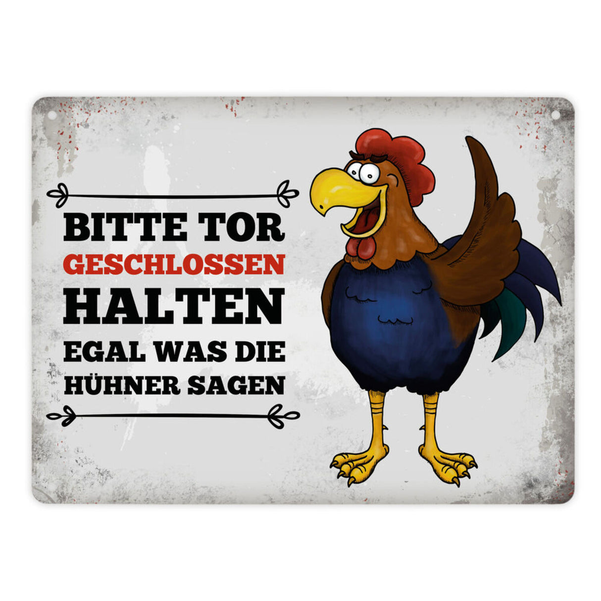 Bitte Tor geschlossen halten Metallschild mit Hahn Motiv - Huhn Hühnerstall Tür