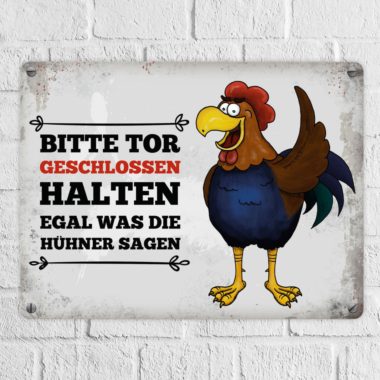 Bitte Tor geschlossen halten Metallschild mit Hahn Motiv - Huhn Hühnerstall Tür