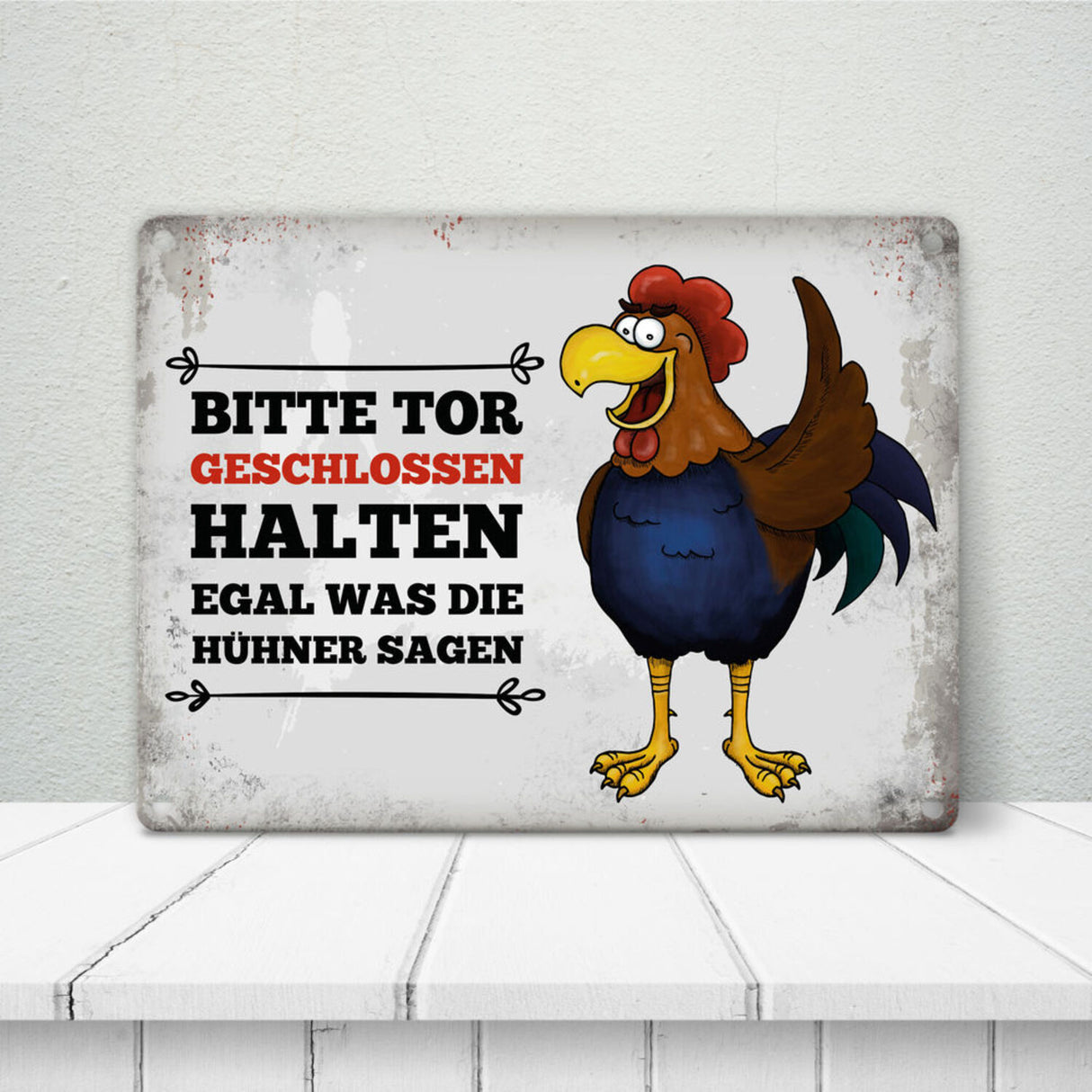 Bitte Tor geschlossen halten Metallschild mit Hahn Motiv - Huhn Hühnerstall Tür