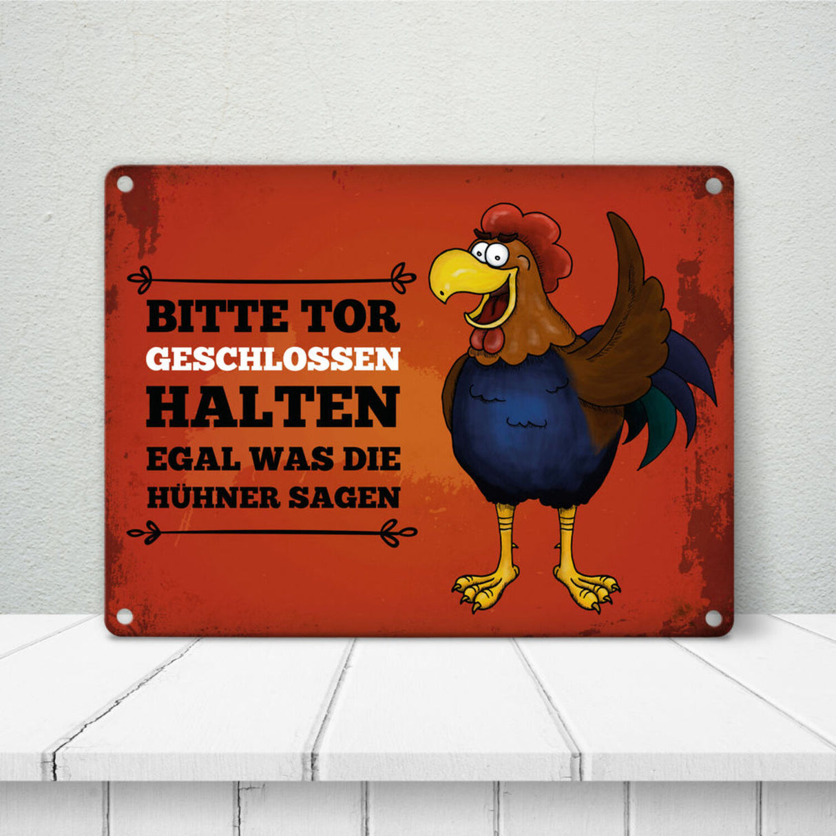 Bitte Tor geschlossen halten Metallschild mit Hahn Motiv - Huhn Hühnerstall Tür