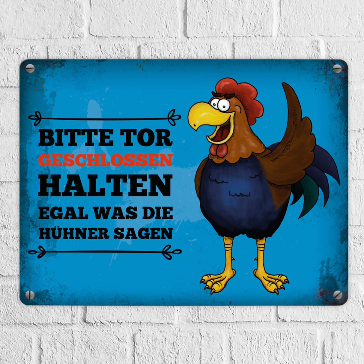 Bitte Tor geschlossen halten Metallschild mit Hahn Motiv - Huhn Hühnerstall Tür