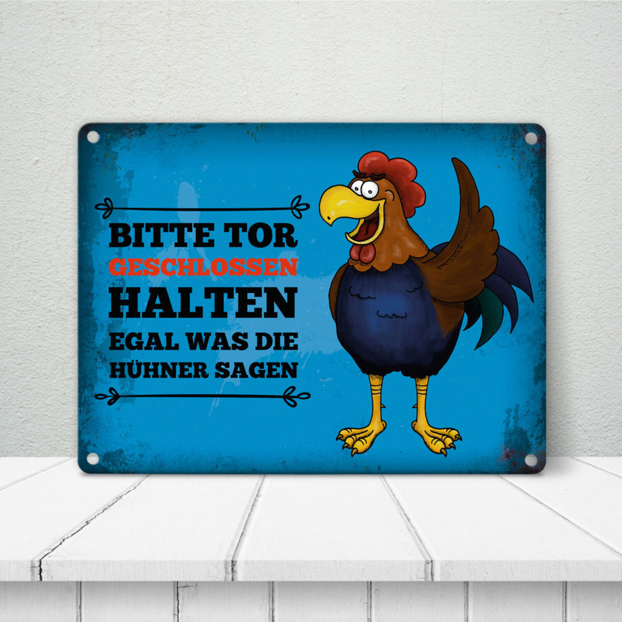 Bitte Tor geschlossen halten Metallschild mit Hahn Motiv - Huhn Hühnerstall Tür