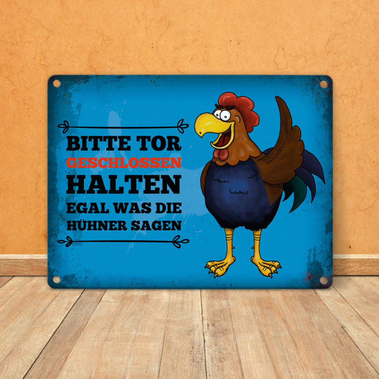 Bitte Tor geschlossen halten Metallschild mit Hahn Motiv - Huhn Hühnerstall Tür