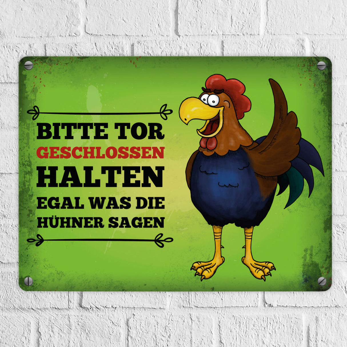 Bitte Tor geschlossen halten Metallschild mit Hahn Motiv - Huhn Hühnerstall Tür