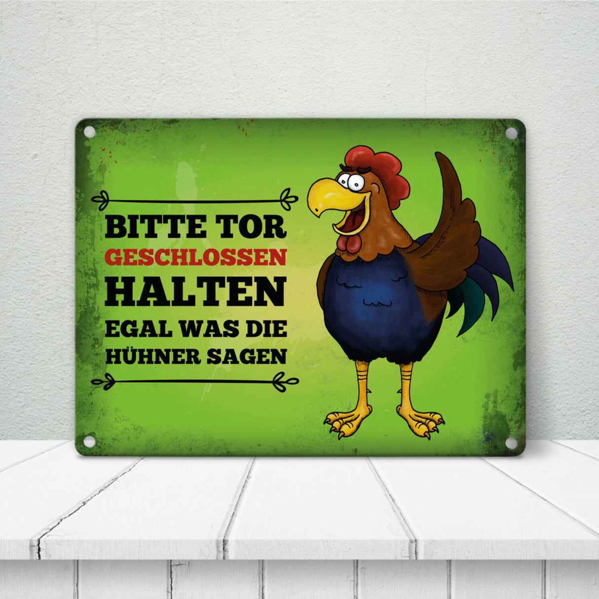 Bitte Tor geschlossen halten Metallschild mit Hahn Motiv - Huhn Hühnerstall Tür