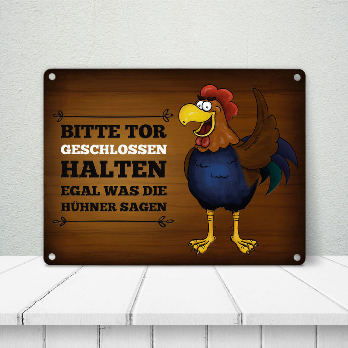 Bitte Tor geschlossen halten Metallschild mit Hahn Motiv - Huhn Hühnerstall Tür