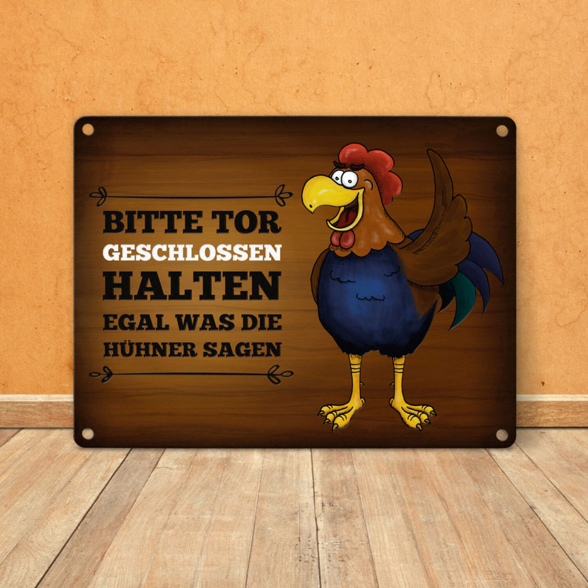 Bitte Tor geschlossen halten Metallschild mit Hahn Motiv - Huhn Hühnerstall Tür
