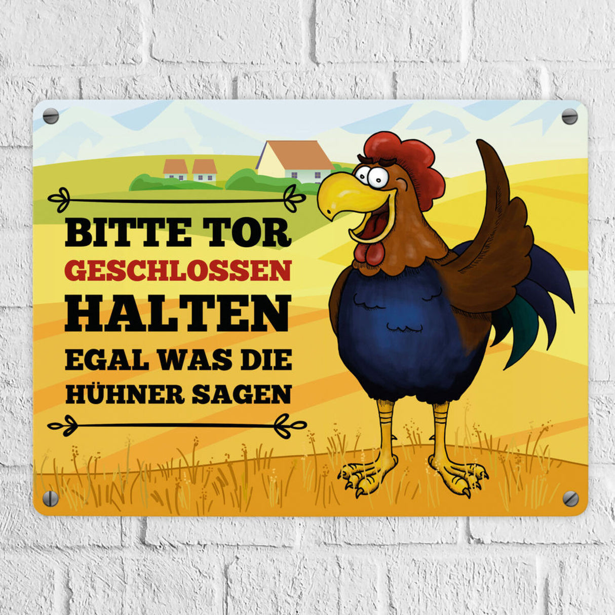 Bitte Tor geschlossen halten Metallschild mit Hahn Motiv - Huhn Hühnerstall Tür