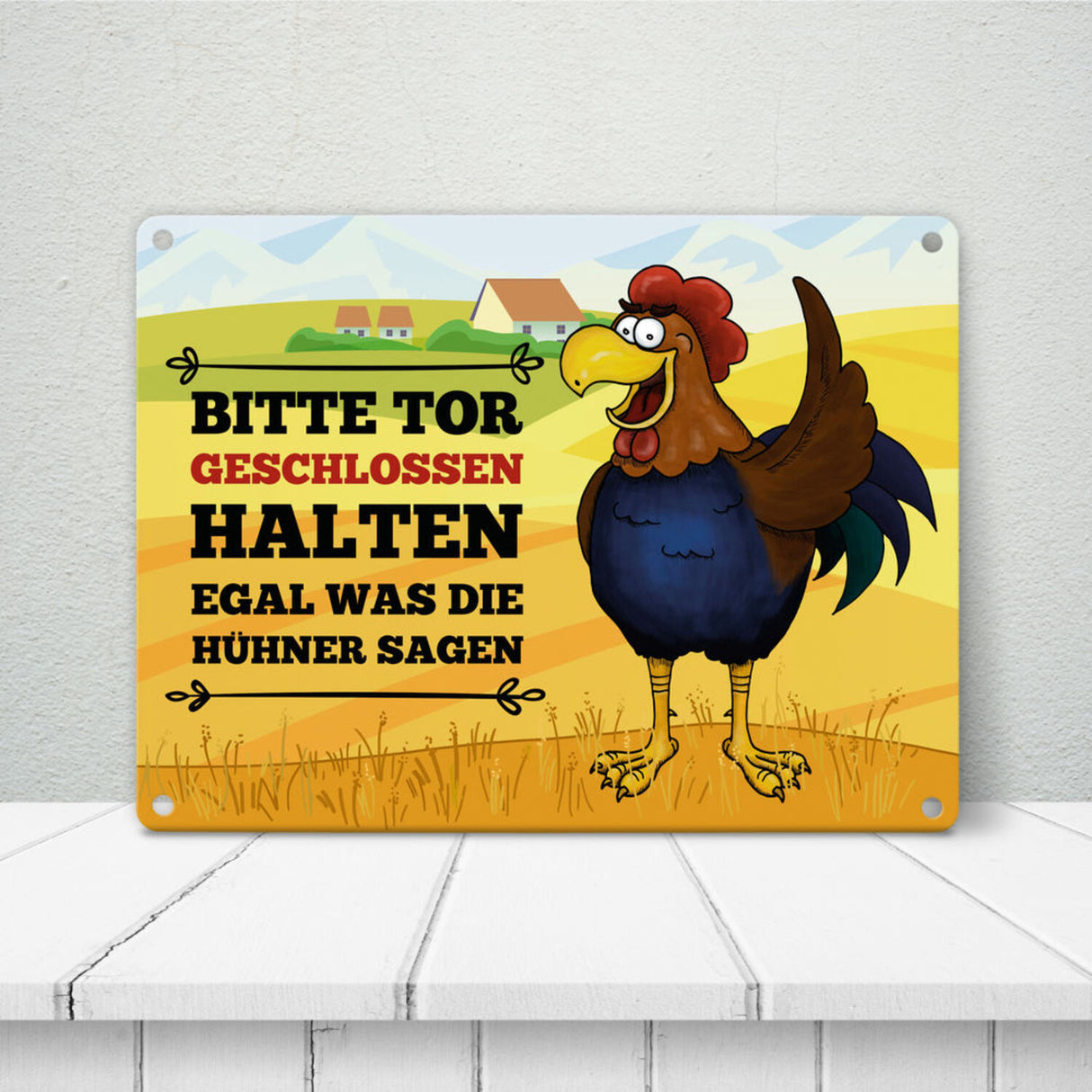 Bitte Tor geschlossen halten Metallschild mit Hahn Motiv - Huhn Hühnerstall Tür