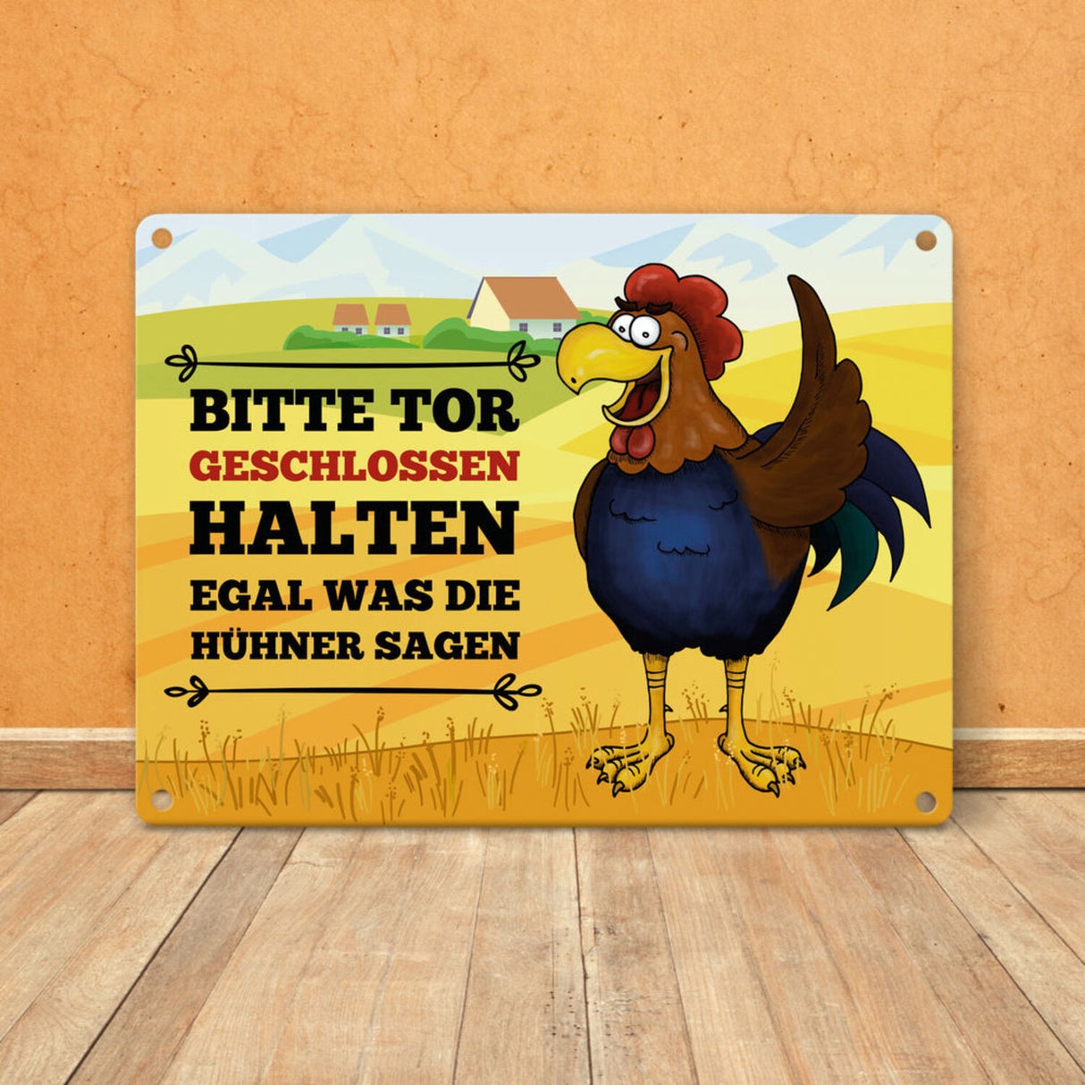 Bitte Tor geschlossen halten Metallschild mit Hahn Motiv - Huhn Hühnerstall Tür