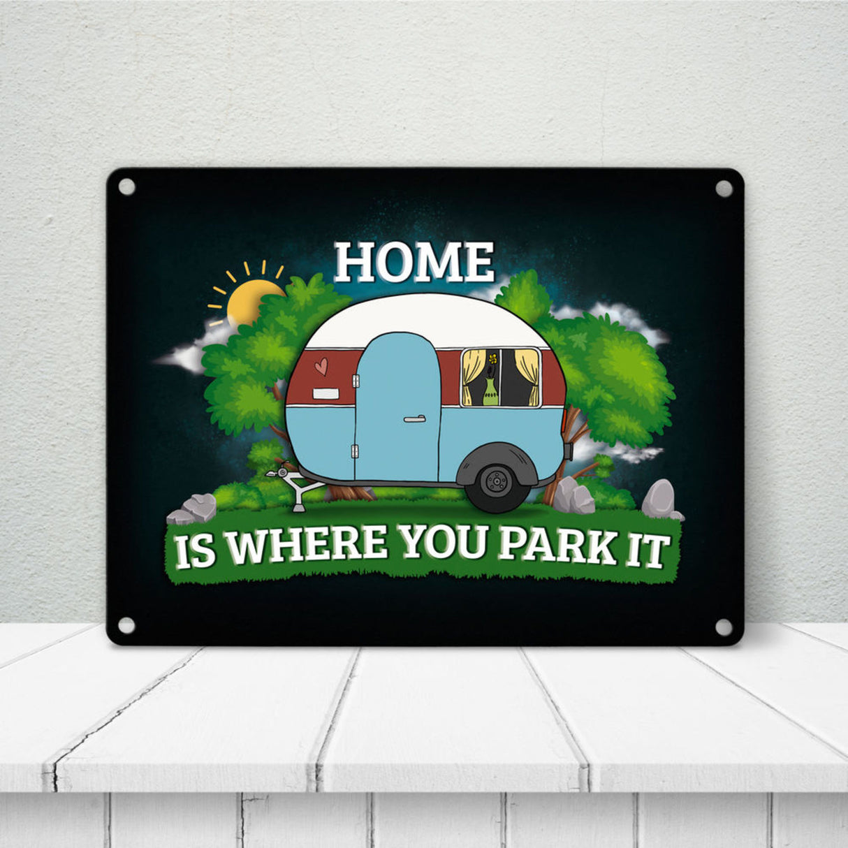 Zuhause ist wo wir parken Metallschild mit Camping Motiv Wohnwagen Wohnmobil Urlaub natur Hobby