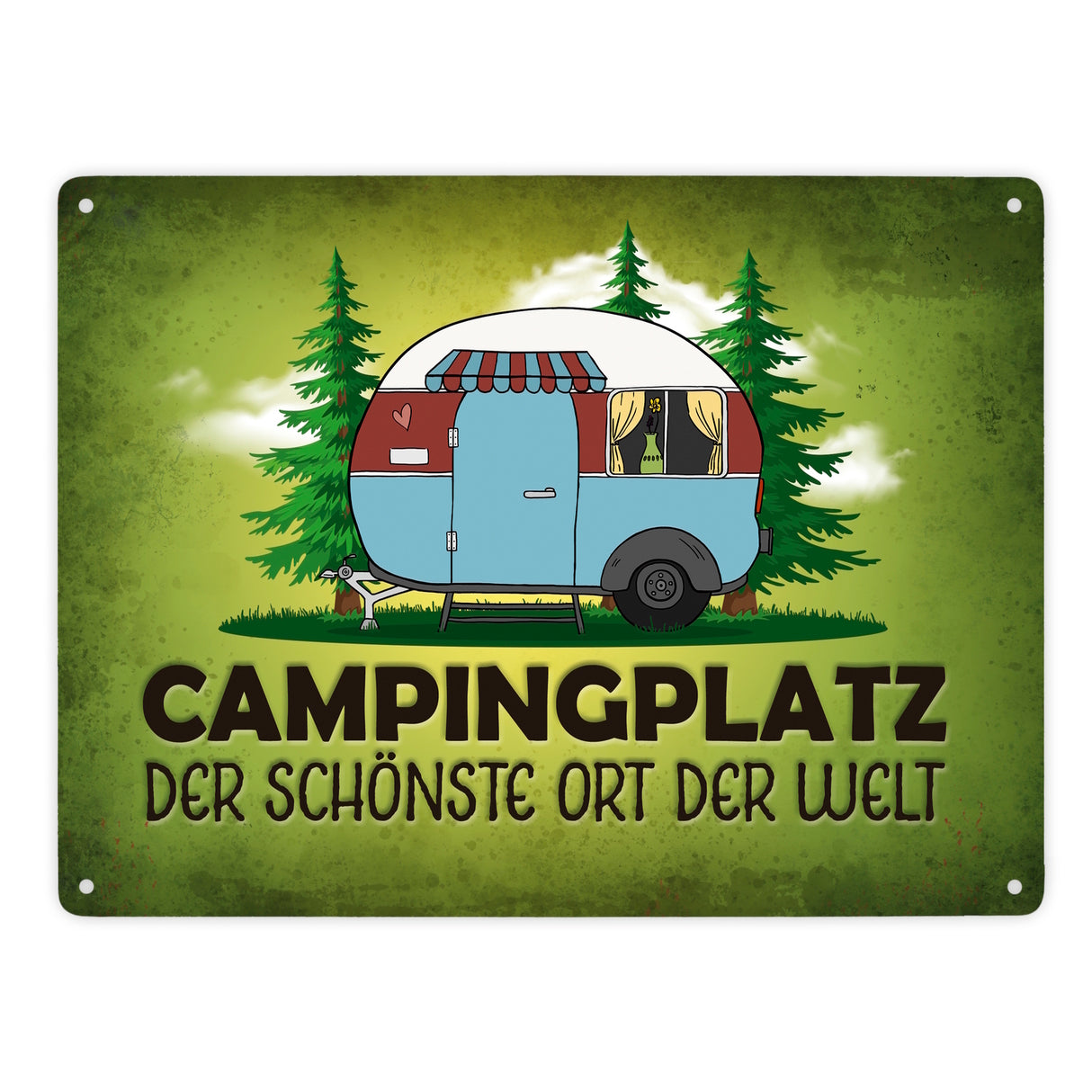 Campingplatz Metallschild mit Wohnwagen Motiv Wohnmobil Urlaub Hobby Natur Ort