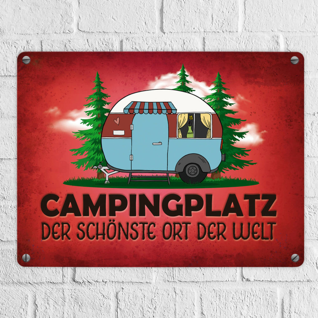 Campingplatz Metallschild mit Wohnwagen Motiv Wohnmobil Urlaub Hobby Natur Ort