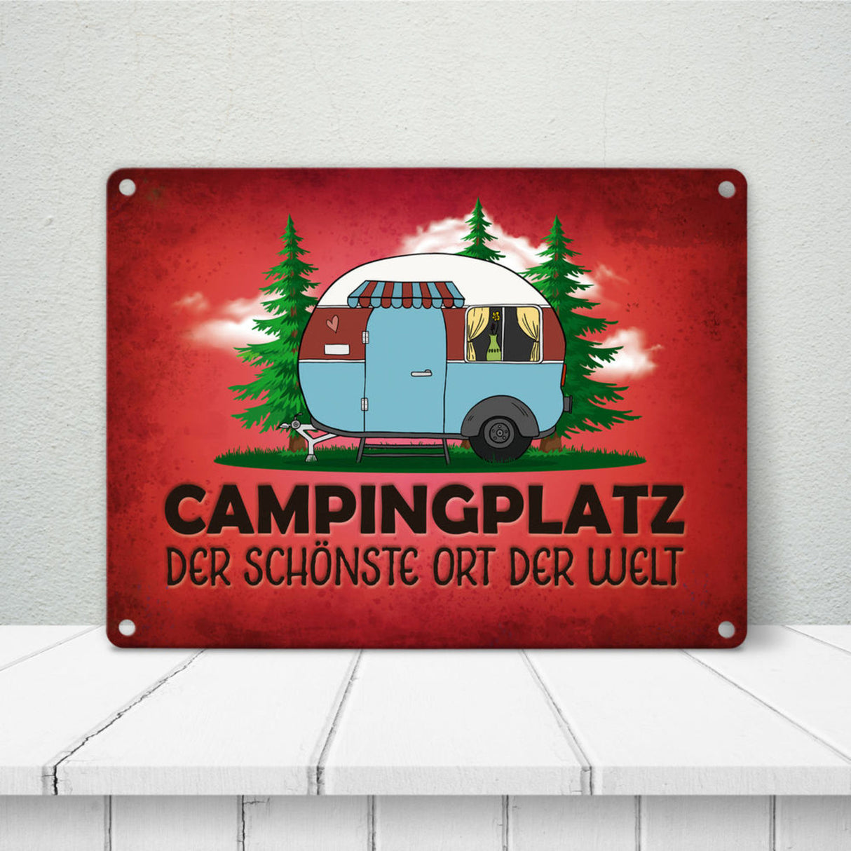 Campingplatz Metallschild mit Wohnwagen Motiv Wohnmobil Urlaub Hobby Natur Ort