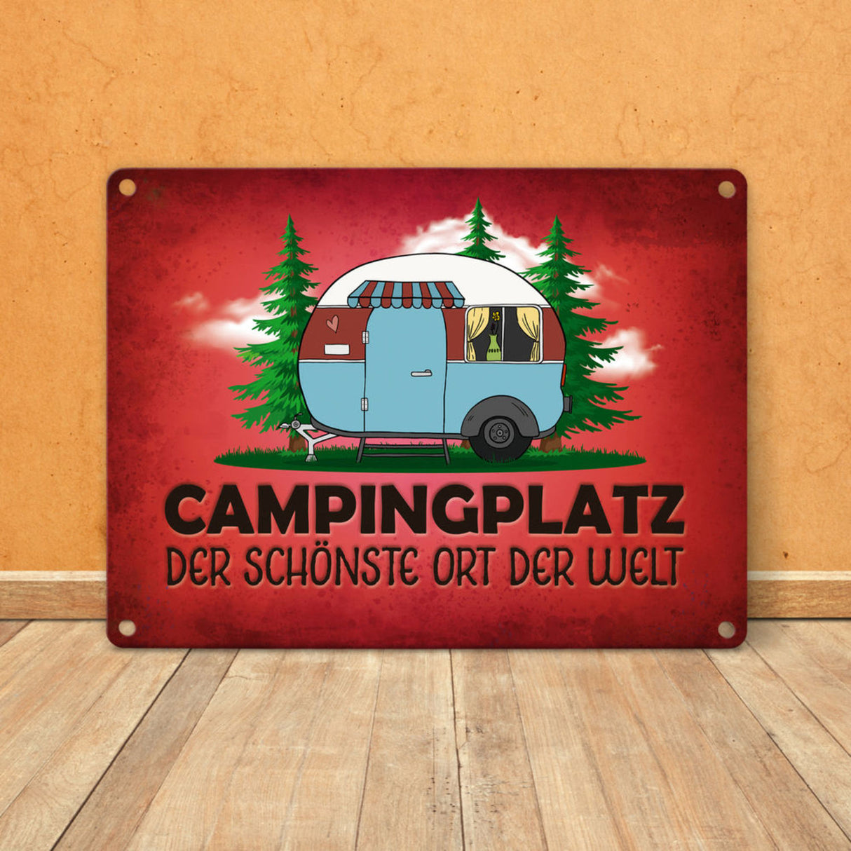 Campingplatz Metallschild mit Wohnwagen Motiv Wohnmobil Urlaub Hobby Natur Ort