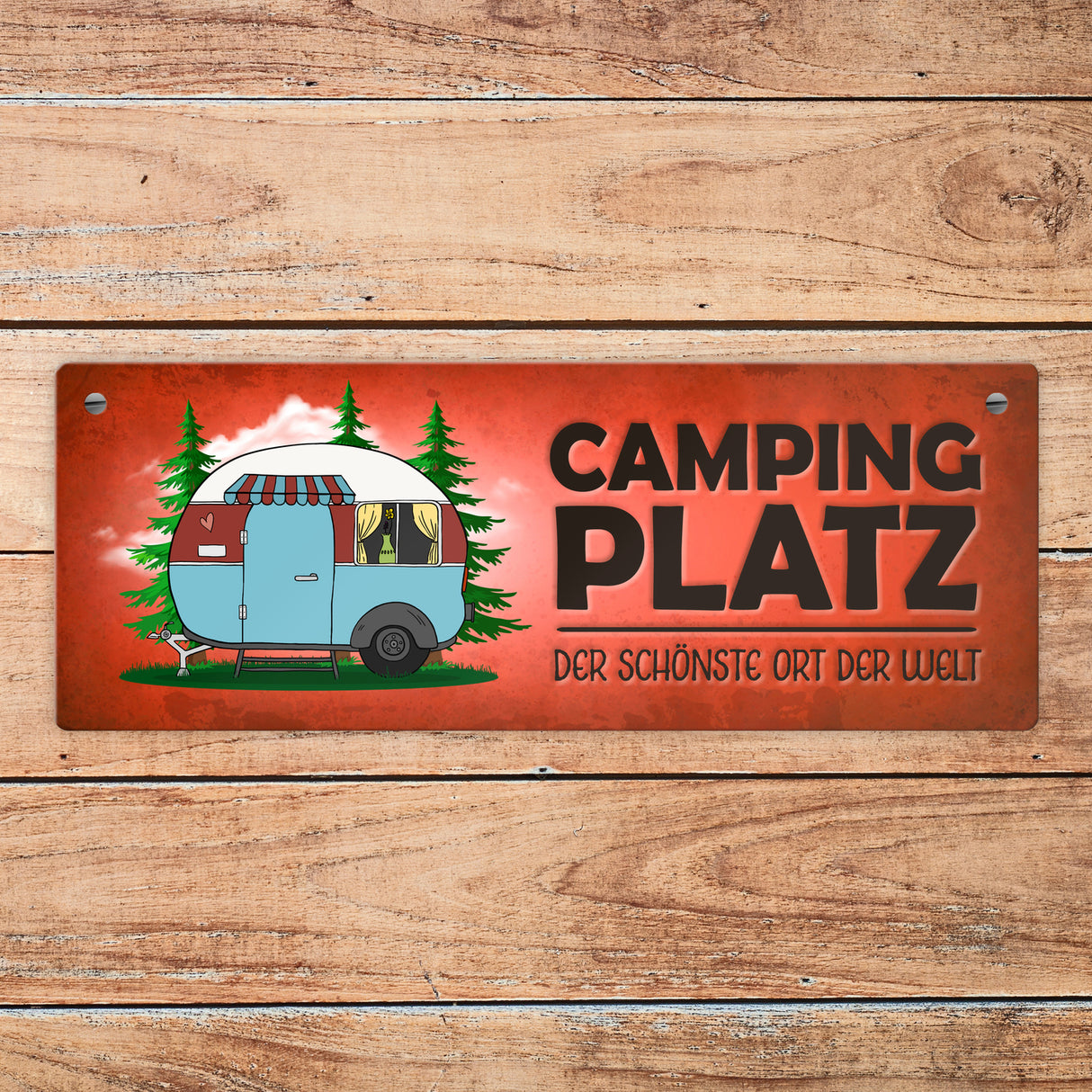 Campingplatz Metallschild schmal mit Wohnwagen Motiv Wohnmobil Urlaub Hobby Ort