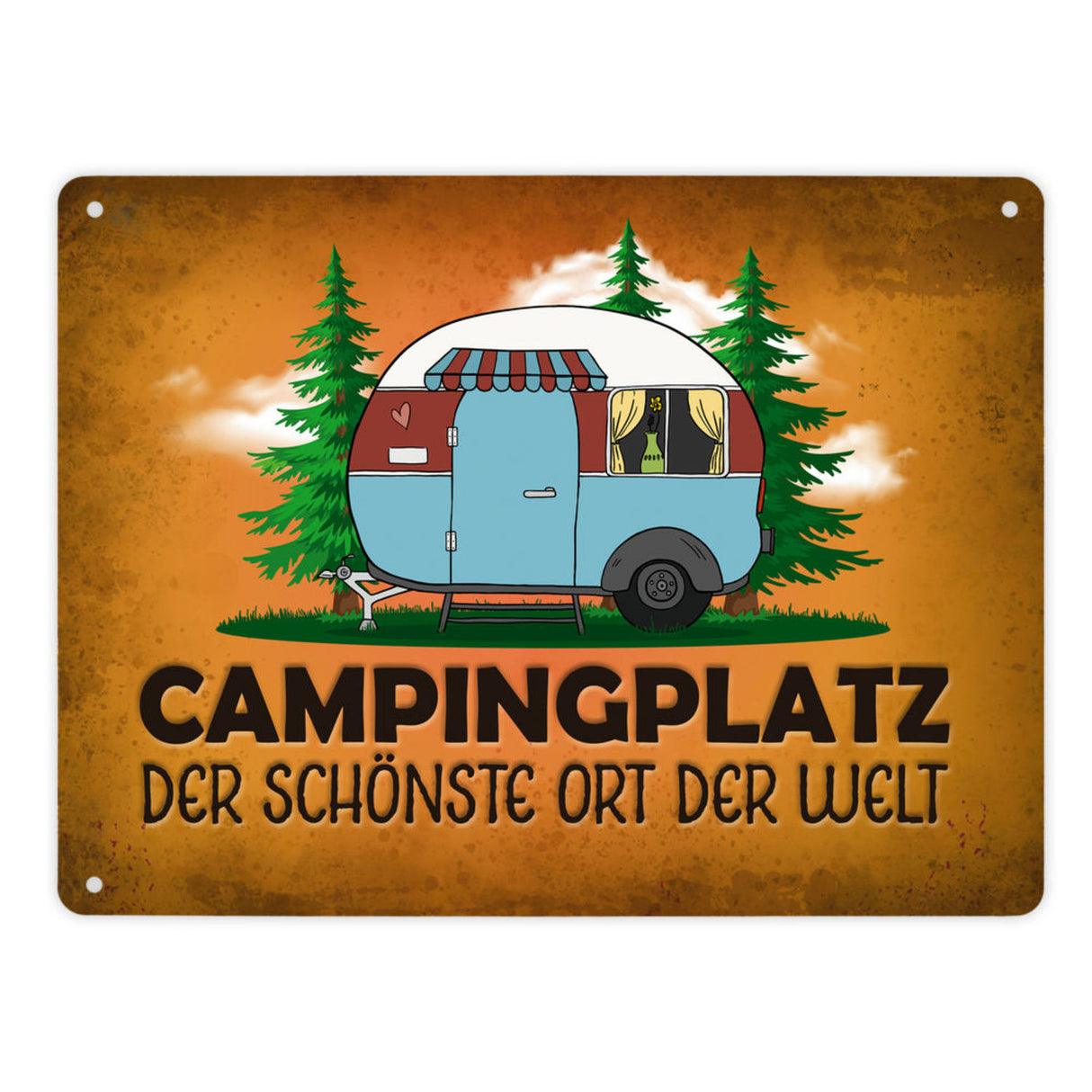 Campingplatz Metallschild mit Wohnwagen Motiv Wohnmobil Urlaub Hobby Natur Ort