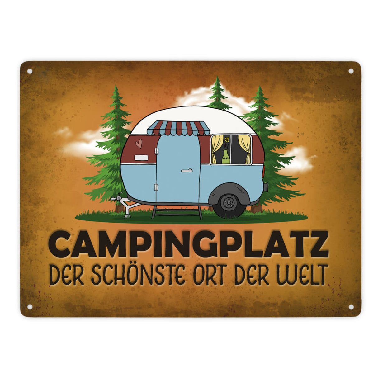 Campingplatz Metallschild mit Wohnwagen Motiv Wohnmobil Urlaub Hobby Natur Ort