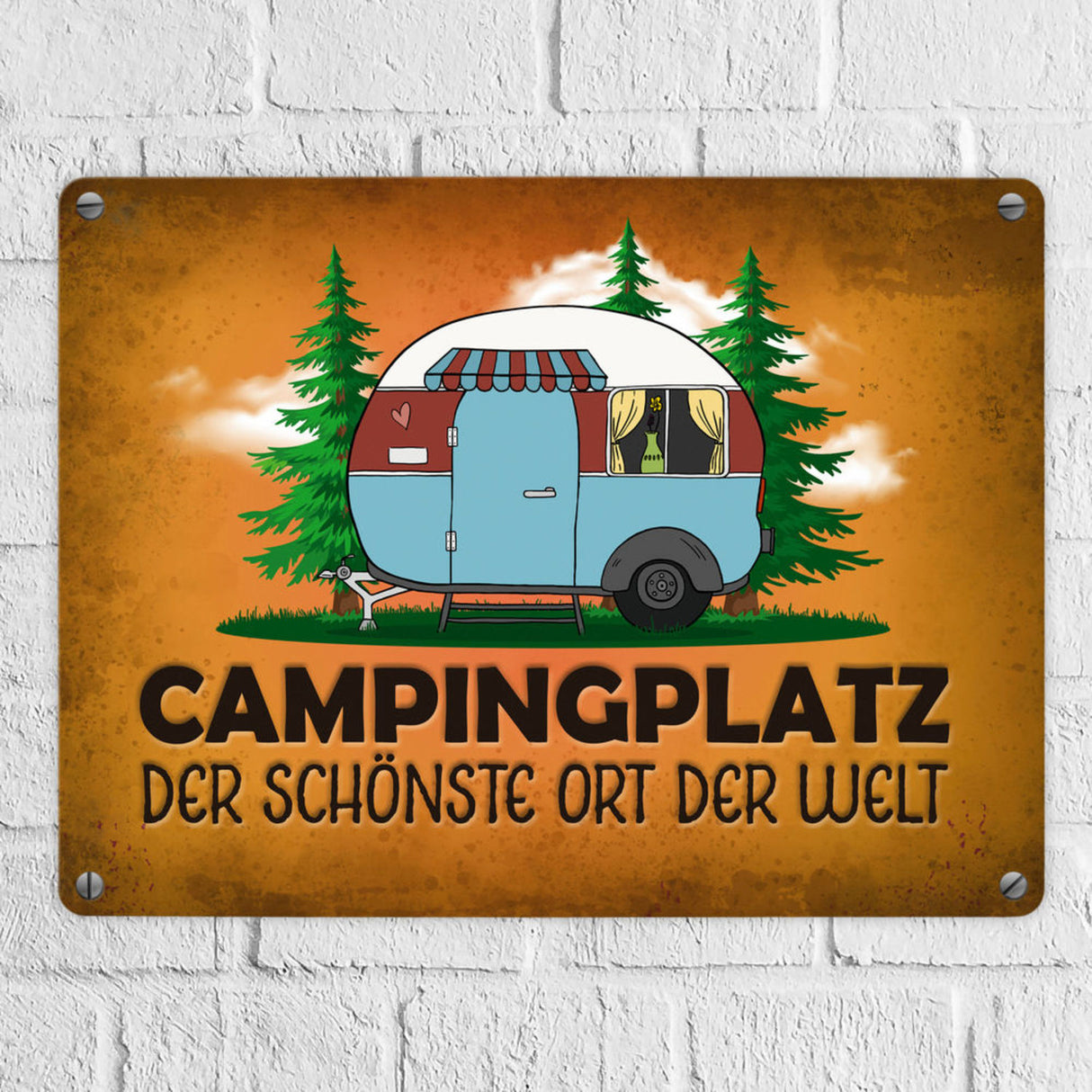 Campingplatz Metallschild mit Wohnwagen Motiv Wohnmobil Urlaub Hobby Natur Ort