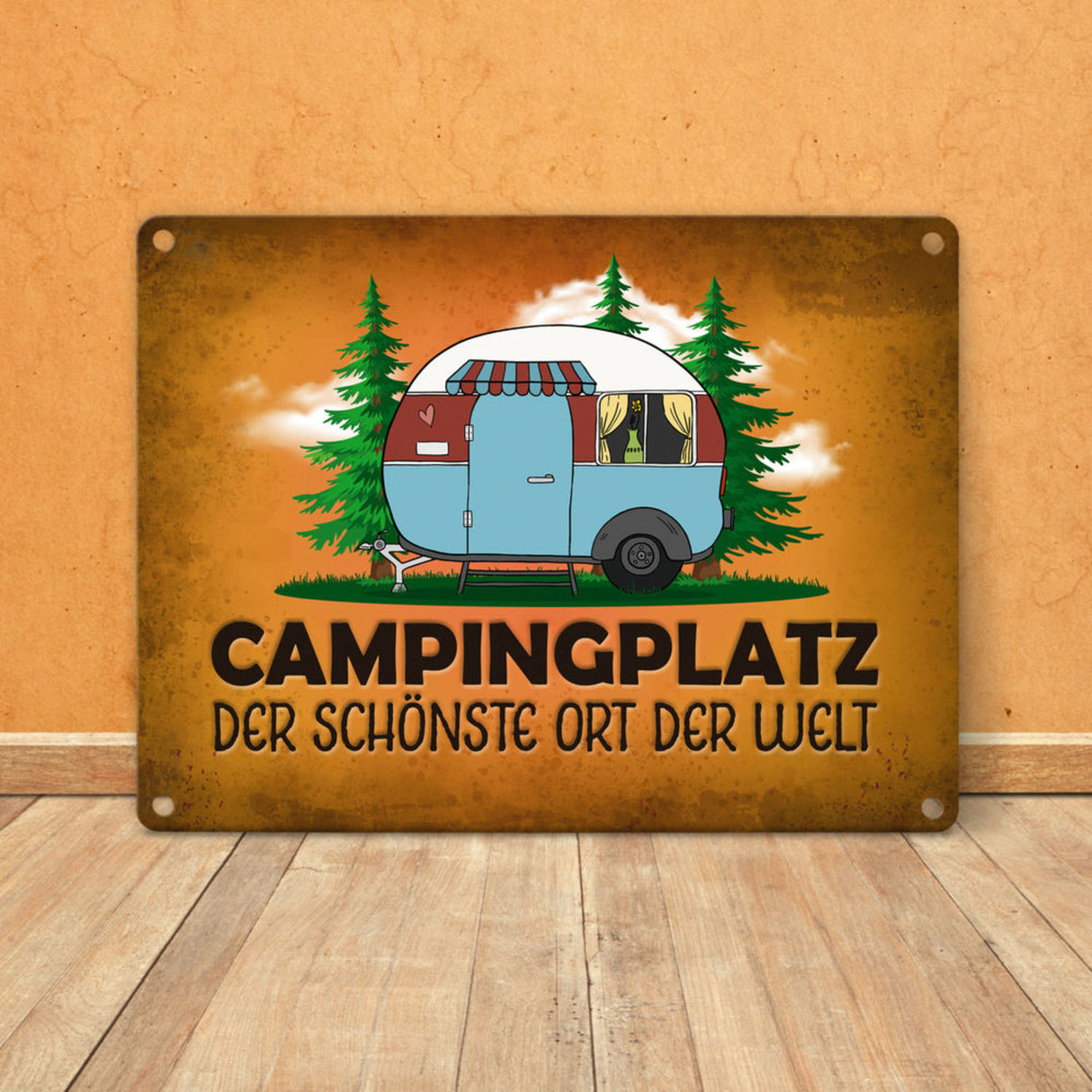 Campingplatz Metallschild mit Wohnwagen Motiv Wohnmobil Urlaub Hobby Natur Ort