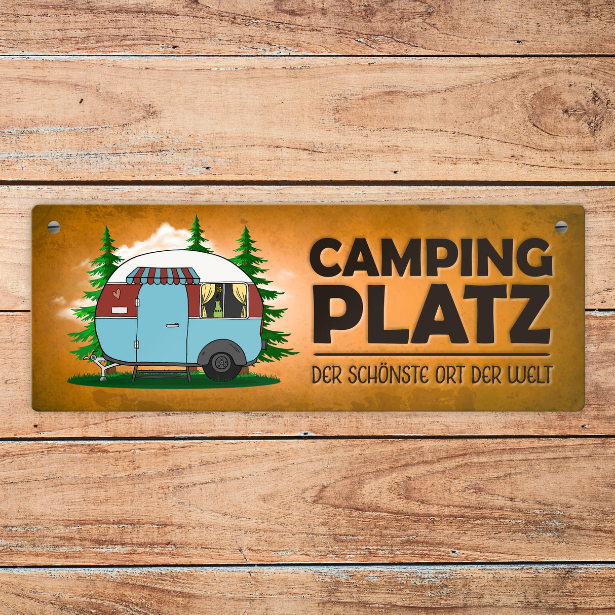 Campingplatz Metallschild schmal mit Wohnwagen Motiv Wohnmobil Urlaub Hobby Ort