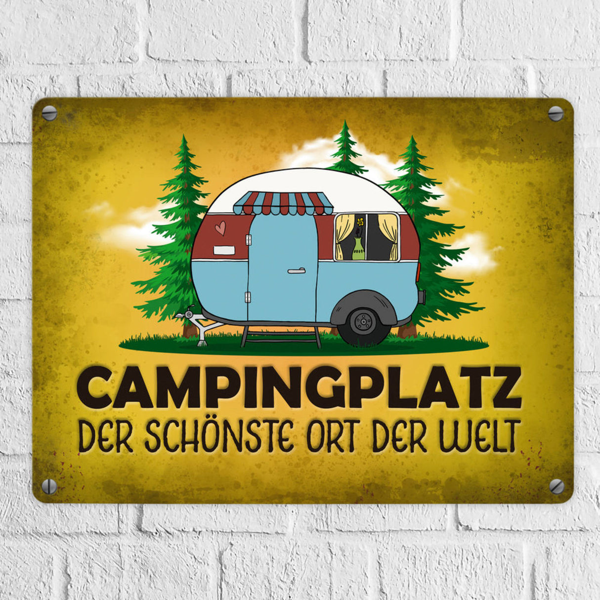 Campingplatz Metallschild mit Wohnwagen Motiv Wohnmobil Urlaub Hobby Natur Ort