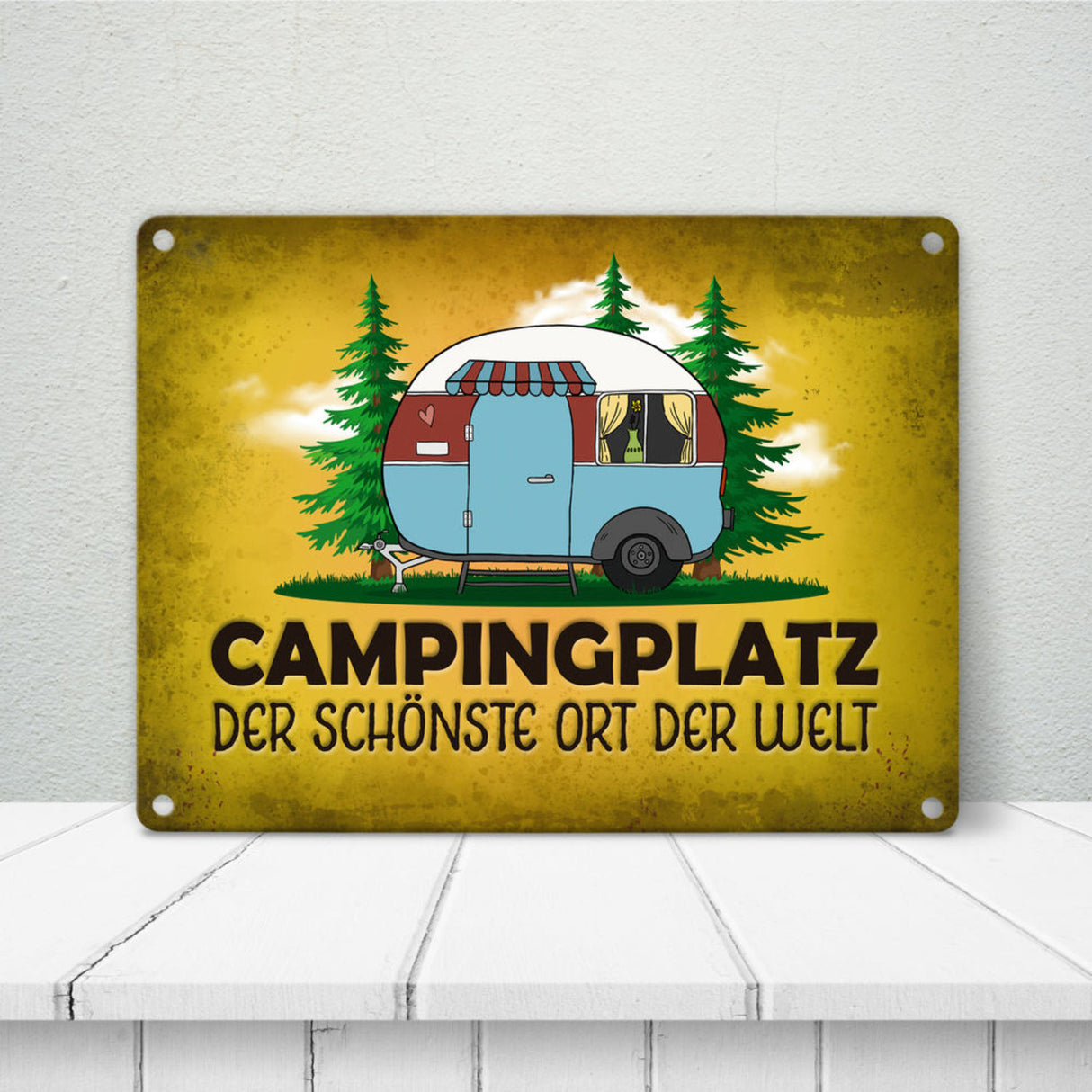 Campingplatz Metallschild mit Wohnwagen Motiv Wohnmobil Urlaub Hobby Natur Ort
