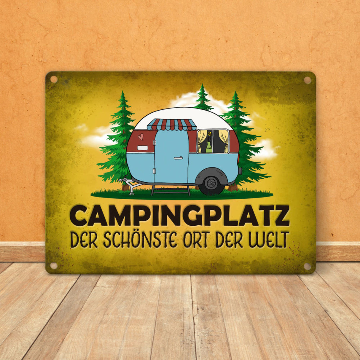 Campingplatz Metallschild mit Wohnwagen Motiv Wohnmobil Urlaub Hobby Natur Ort
