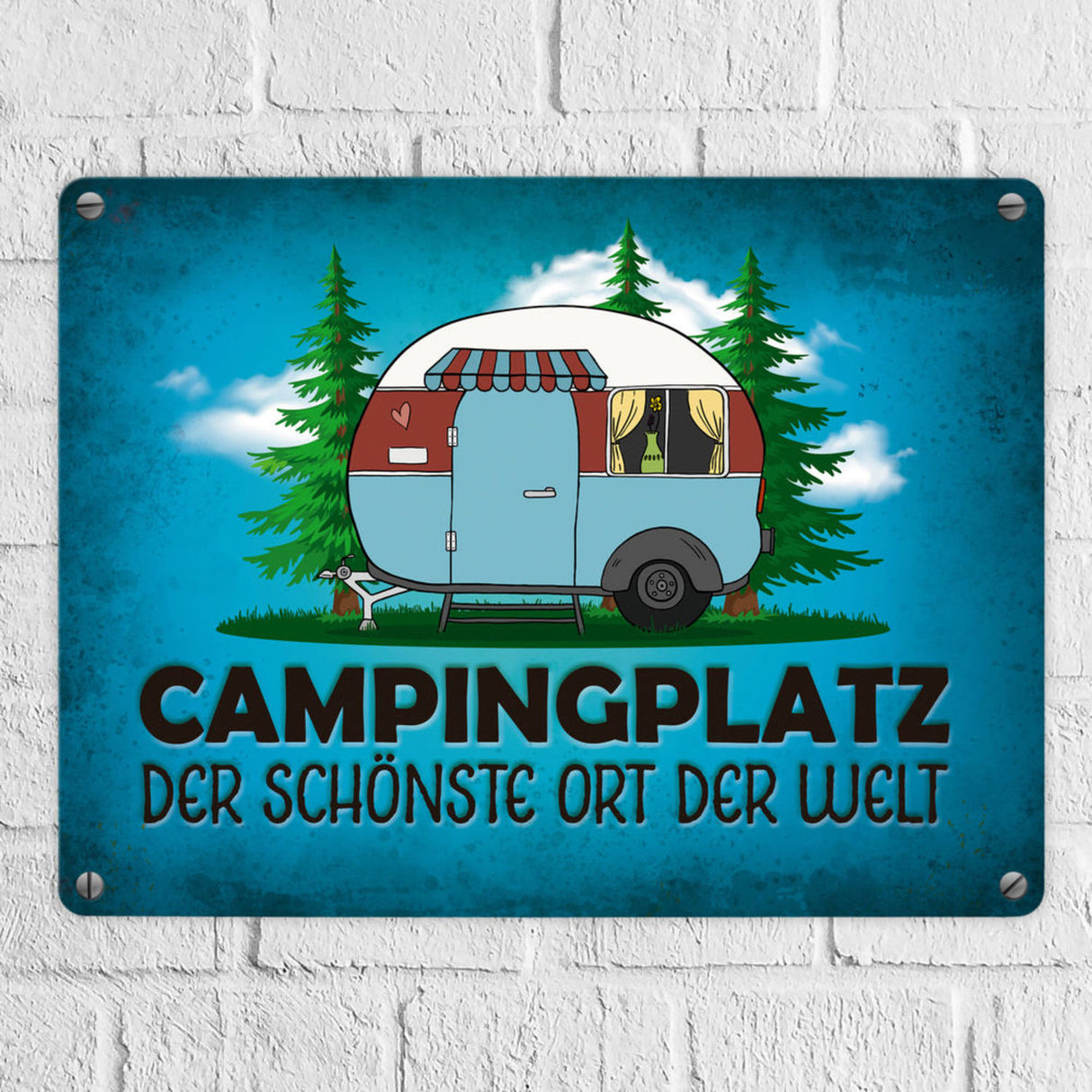 Campingplatz Metallschild mit Wohnwagen Motiv Wohnmobil Urlaub Hobby Natur Ort