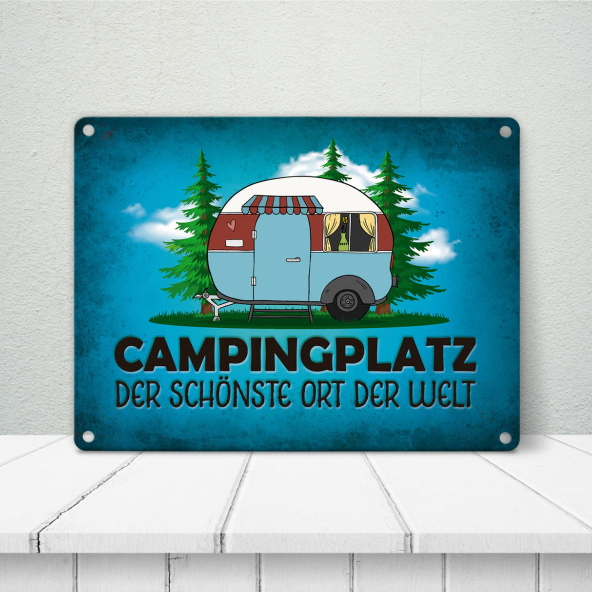 Campingplatz Metallschild mit Wohnwagen Motiv Wohnmobil Urlaub Hobby Natur Ort