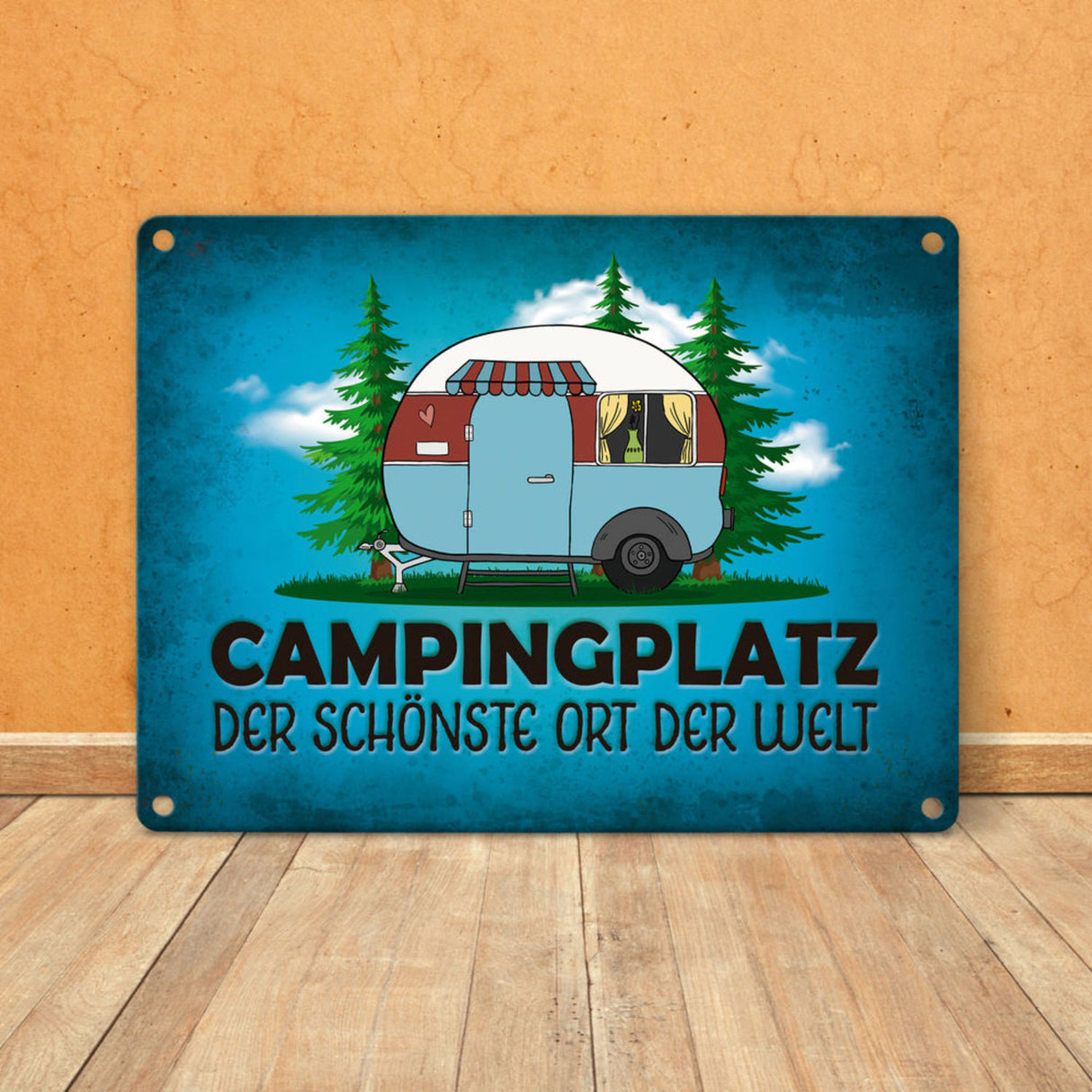 Campingplatz Metallschild mit Wohnwagen Motiv Wohnmobil Urlaub Hobby Natur Ort